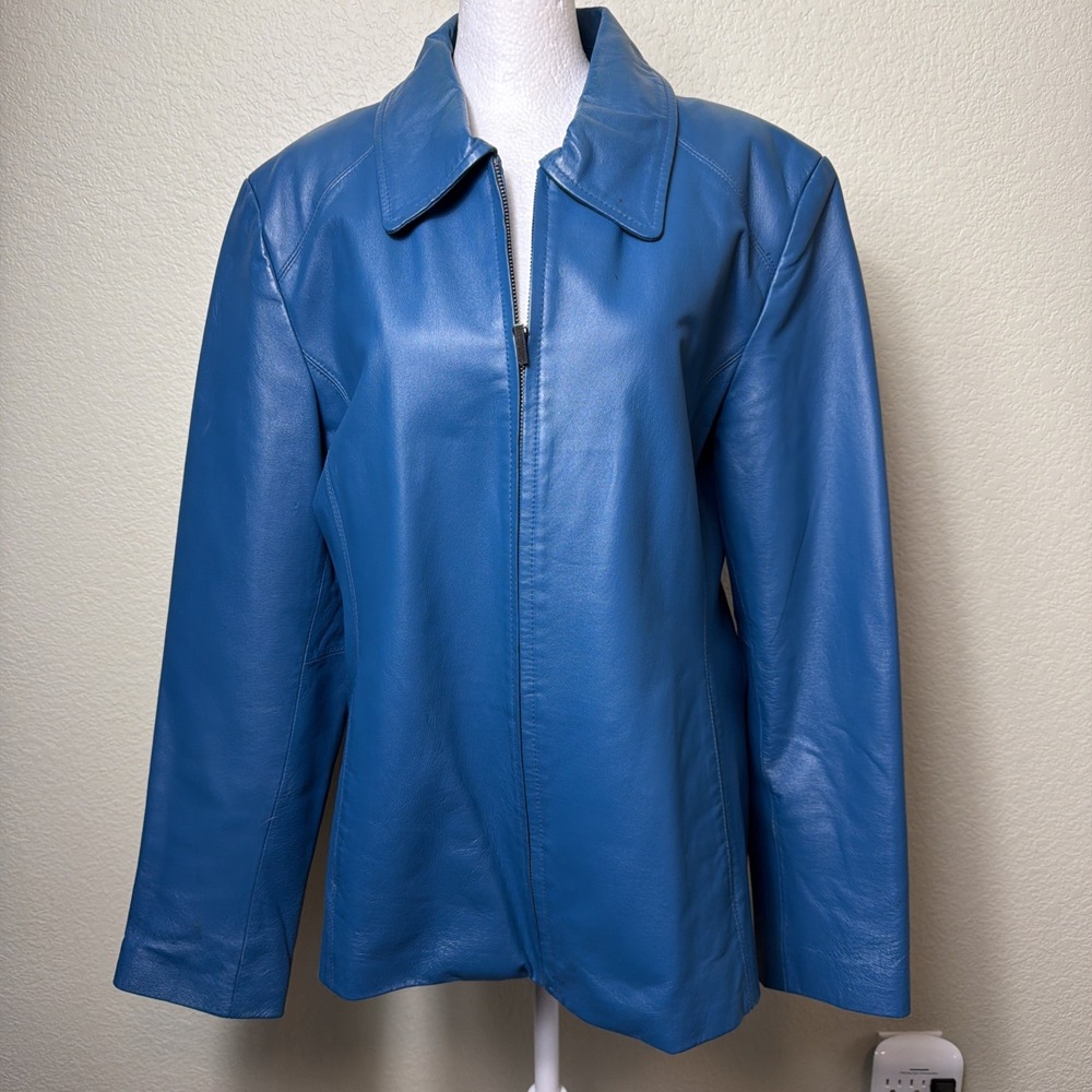 Worthington Blue Leather Jacket L Women Teal Turquoise Zip Collared 90s Y2K Moto